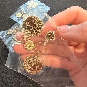 Chanel Light Gold-Tone Disc Charm Pendant Key Ring Earring Pair (2 charm)